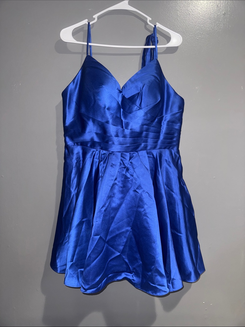 Royal Blue Satin Prom Dress with Spaghetti Straps